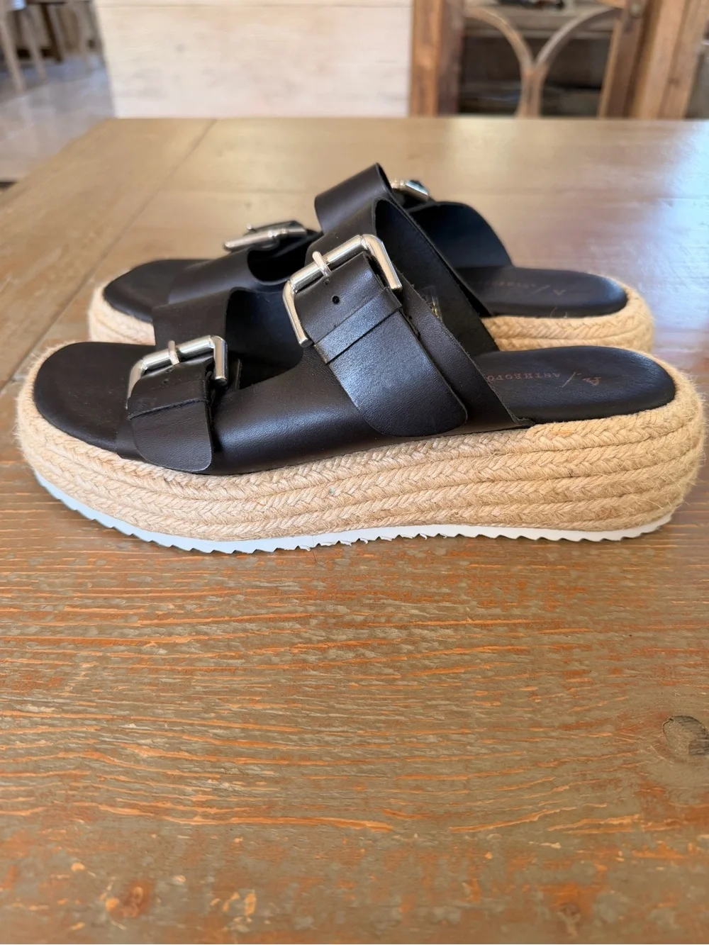 Anthropologie Black Double-Buckle Espadrille Platform Slide Sandals size 41